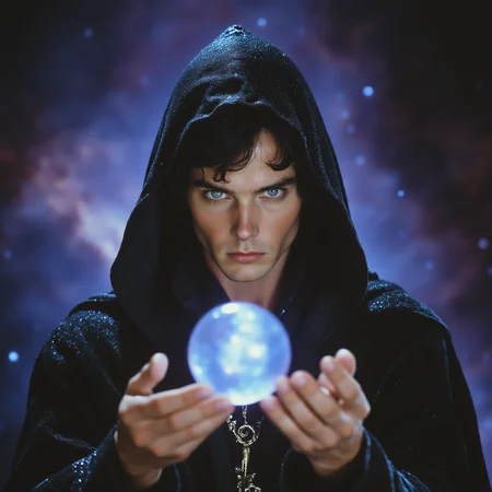 ArsMovieStill, 80s Fantasy Movie Still, The image is a portrait of a young man wearing a black hooded cloak with a hood that covers his head. He is holding a crystal ball in his hands and appears to be in the process of casting it into the air. The man has long dark hair and is looking directly at the camera with a serious expression on his face. The background is dark and filled with stars and nebula giving the impression of a mystical and mystical atmosphere. The colors are vibrant and the overall mood of the image is intense and powerful., 1girl, solo, hood, blue eyes, black hair, looking at viewer, hood up, robe, upper body, realistic