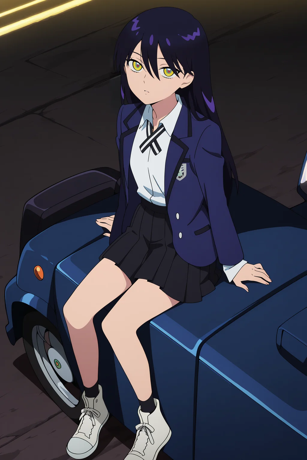 volumetric lighting, official style, amazing quality, ultra detailed, highres, detailed background, anime screenshot, anime screencap, anime coloring, masterpiece, detailed face,1girl   <lora:Nyann___:0.9>Nyann, skirt, long hair, sitting, multicolored eyes, jacket, school uniform, solo, pleated skirt, shoes, looking at viewer, motor vehicle, white shirt, shirt, black skirt, ribbon, ground vehicle, blue jacket, dark purple hair, socks, looking up, hair between eyes, sneakers, neck ribbon, white footwear, from above, blazer, black ribbon, collared shirt, long sleeves