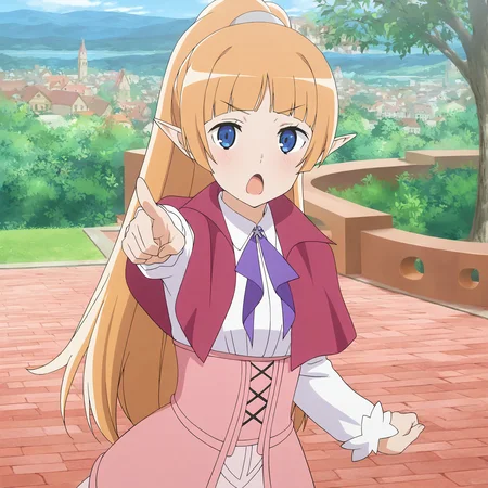<lora:Lefiya-000018:0.7> Lefiya,normal suit,solo,looking at viewer,> <,light blush,open mouth,pointing at viewer,sidelocks,outdoors,