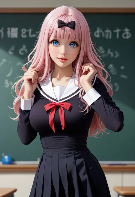 score_9, score_8_up, score_7_up,chika fujiwara, long hair, bangs, blue eyes, bow, pink hair, hair bow, blunt bangs, black bow, long sleeves, dress, ribbon, school uniform, collarbone, black dress, sailor collar, white sailor collar, red ribbon, neck ribbon, shuuchiin academy school uniform, boobs outline, tight chest, long sleeves, school classroom, (very cute, extremely cute, cutie patootie, cute girl), playing with hair, parted lips, slight smile, sexy thighs, cute adorable pose, adorable girl, extremely beautiful, sex pose, squeezing and pushing up breasts over clothes