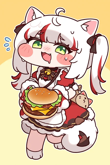 (trickcalcg, trickcal, chibi, chibi only:1.3), blush, blush stickers, original, 
crazy raccoon, akami karubi, 1girl, :3, ahoge, animal bag, animal ears, animal hands, apron, bacon, bow, burger, cat bag, collar, dress, drooling, fang, flying sweatdrops, food, food-themed clothes, fur-trimmed gloves, fur-trimmed sleeves, fur trim, gloves, green eyes, hair ribbon, holding, holding burger, holding food, looking at viewer, mouth drool, multicolored hair, open mouth, paw gloves, red hair, ribbon, short sleeves, smile, solo, streaked hair, sweat, tail, too much burger, twintails, virtual youtuber, white hair, 
(masterpiece, best quality, absurdres, highres, newest, very awa:1.2), 
