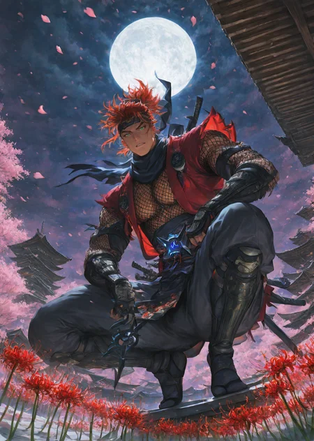 1boy,solo,shiranran,sanguosa,orange_red_hair,green_eyes,
low-angle perspective, Japanese ninja male, black mesh ninja attire, back to viewer, crouching on roof corner, traditional Japanese tiled roof, full moon glowing, falling red spider lilies, Japanese architecture details, night atmosphere, misty air, dynamic fabric folds, , contrasting red flowers against dark clothing, moonlight casting long shadows, traditional wooden beams, rooftop shuriken partially visible, swirling petals in wind, Japanese ink painting texture, dramatic chiaroscuro lighting, stone pagoda silhouette in background, cherry blossom petals floating, muscular, large pectorals, calm , very awa, masterpiece, best quality, absurdres, newest, perfect quality, detailed background, intricate detail
very awa, masterpiece, best quality, absurdres, newest, perfect quality, detailed background, intricate details