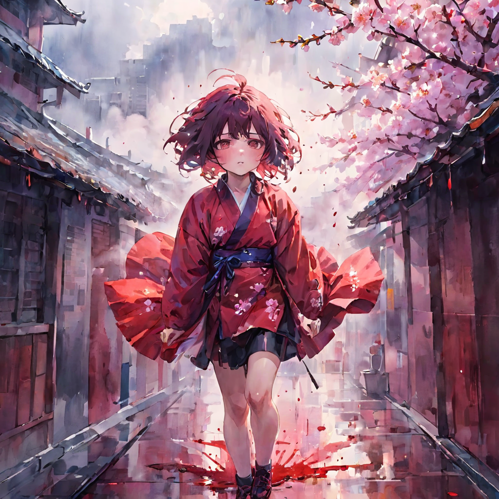 full body,Blood Mist, background_Urban rooftop,1 girl,despair,blood sakura,((masterpiece)), (((best quality))), ((ultra-detailed)), ((illustration)), ((disheveled hair)),Blood Cherry Blossom,torn clothes,crying with eyes open,solo,Blood Rain,bandages,Gunpowder smoke,beautiful deatailed shadow, Splashing blood,dust,tyndall effect
traditional watercolor painting,<lora:traditional_watercolor_painting:0.7>,
