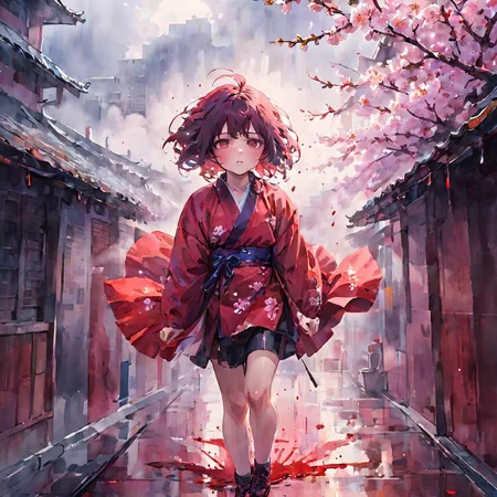 full body,Blood Mist, background_Urban rooftop,1 girl,despair,blood sakura,((masterpiece)), (((best quality))), ((ultra-detailed)), ((illustration)), ((disheveled hair)),Blood Cherry Blossom,torn clothes,crying with eyes open,solo,Blood Rain,bandages,Gunpowder smoke,beautiful deatailed shadow, Splashing blood,dust,tyndall effect
traditional watercolor painting,<lora:traditional_watercolor_painting:0.7>,