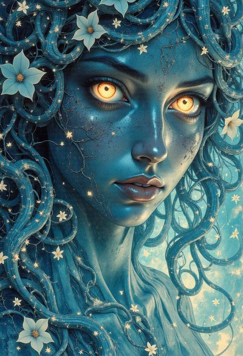 A closeup portrait of an intricately crafted statue of a woman made entirely of engraved crystal and glass, exuding an otherworldly, ethereal beauty that is both haunting and mesmerizing. Her form is impossibly delicate and detailed, every inch of her figure sculpted with meticulous precision and infused with a surreal, mystical presence that captivates the viewer's gaze. Her face and shoulders are illuminated by an internal, ambient glow, casting a soft, celestial light that enhances the haunting, ethereal atmosphere.
Her skin is composed of delicate, engraved blue glass that shimmers with a translucent, icy sheen, giving her an ethereal, ghostly presence. The glass is impossibly smooth and reflective, its luminous surface etched with intricate, flowing patterns that curve gracefully along her delicate features. The delicate engravings are impossibly fine, swirling across her cheeks and forehead in hypnotic, spiraling designs that resemble ancient celestial symbols or cosmic constellations. The flowing patterns reflect the soft, ambient glow, creating delicate, shimmering highlights that dance across her glassy skin, enhancing her otherworldly, spectral allure.
Shards of crystal are intricately woven into her hair, their sharp, angular facets glistening with an iridescent, celestial light. Her hair is impossibly delicate and flowing, crafted from fine strands of transparent glass that ripple and twist in graceful, fluid waves, as if caught in a gentle, supernatural breeze. The glass strands are impossibly light and flowing, cascading down her shoulders and curling around her delicate neck, blending seamlessly into the flowing layers of her ornate gown. The shards of crystal woven through her hair catch the ambient glow, reflecting vibrant hues of blue, green, and yellow that shimmer and flicker as the light shifts, enhancing her celestial, otherworldly beauty.
Her eyes gleam with a bluish, otherworldly light that radiates from within, their luminous depths swirling with ethereal, celestial energy. The glowing orbs are impossibly vivid and hypnotic, their shimmering light reflecting the vibrant colors that splash dynamically around her. Her gaze is intense and captivating, her glowing eyes fixed intently on the viewer with an unblinking, mesmerizing stare that conveys a sense of ancient wisdom and serene grace. Her glowing eyes are impossibly deep and mysterious, reflecting the swirling colors and celestial light that envelop her form, enhancing her haunting, ethereal beauty.
She wears a majestic, wind-blown ornate gown crafted from delicate layers of flowing glass and shimmering crystal that swirl gracefully around her slender form. The gown is impossibly light and ethereal, its translucent layers rippling and billowing in delicate, fluid waves as they catch the ambient glow. The flowing fabric is adorned with intricate patterns of swirling vines and blooming flowers, meticulously engraved with fine detail that reflects the celestial light with delicate, shimmering highlights. The crystal flowers are delicate and impossibly lifelike, their translucent petals glowing softly with vibrant hues of blue and green, enhancing the celestial, otherworldly ambiance.
The ornate gown clings to her delicate figure, tracing every curve with elegant, flowing lines that enhance her ethereal, angelic presence. The fabric is impossibly delicate and weightless, blending seamlessly into the swirling tendrils of light and color that envelop her form, creating a surreal, dreamlike composition. The flowing layers of glass ripple gracefully around her shoulders and cascade downward in billowing arcs, their delicate, fluid movements enhancing her celestial, spectral allure.
Her face is hauntingly beautiful and impossibly delicate, sculpted with graceful, flowing lines that capture her serene, angelic presence. Her delicate features are impossibly smooth and symmetrical, reflecting the ambient glow with a flawless, glassy sheen. Her face is impossibly serene, her expression calm and composed as she gazes intently at the viewer with a subtle, enigmatic smile that conveys a sense of quiet wisdom and ancient mystery. Her delicate, sculpted lips are softly curved, their gentle, graceful lines enhancing her serene, ethereal beauty.
Her delicate shoulders are illuminated by the soft, ambient glow that radiates from within her translucent form, creating a delicate, celestial halo that enhances her divine, angelic presence. The flowing layers of her ornate gown blend seamlessly into the ambient glow, enhancing the fluid, harmonious composition. Her delicate, flowing curls of glass blend into the swirling colors that envelop her form, creating a surreal, dreamlike ambiance that enhances her haunting, ethereal beauty.
She is encased in a giant crystal that radiates with otherworldly energy, its luminous surfaces shimmering with vibrant hues of blue, green, and yellow that reflect the swirling colors that envelop her form. The giant crystal is intricately detailed, its angular facets reflecting the ambient glow with dazzling highlights that shimmer and flicker with celestial light. The glowing crystal casts elongated, flowing reflections across her delicate form, enhancing her celestial, otherworldly presence.
An abstract explosion of vibrant colors—blue, green, and yellow—splashes dynamically around her, swirling in fluid, hypnotic patterns that create a dramatic vignette effect. The swirling colors are impossibly vivid and dynamic, their flowing lines twisting and curling around her form in graceful, harmonious arcs that enhance the fluid, ethereal composition. The vibrant hues blend seamlessly into the ambient glow, creating a surreal, dreamlike atmosphere that envelops her delicate form in celestial light and swirling energy.
The vibrant colors are impossibly vivid and luminous, their delicate gradients blending seamlessly into one another as they swirl and twist around her. The swirling colors are dynamic and fluid, their flowing lines creating a hypnotic, mesmerizing effect that enhances the celestial, otherworldly ambiance. The abstract explosion of colors envelops her delicate, translucent form, enhancing her haunting, ethereal beauty.
The glowing crystal, swirling colors, and ethereal light create a surreal, dreamlike composition that captures the haunting, celestial beauty of the intricate statue. The vibrant colors, delicate flowing lines, and glowing, otherworldly energy enhance her divine, angelic presence, capturing the haunting, ethereal beauty of the intricate statue of the woman made of engraved crystal and glass.
This closeup portrait masterfully captures the intricate, ethereal beauty of the celestial statue, blending flowing, organic lines with vibrant, glowing colors to create a surreal, dreamlike composition that exudes otherworldly grace and divine beauty. Every detail, from the delicate engravings on her glassy skin to the swirling colors that envelop her form, contributes to the mystical, poetic narrative of celestial beauty, haunting mystery, and ethereal transcendence.