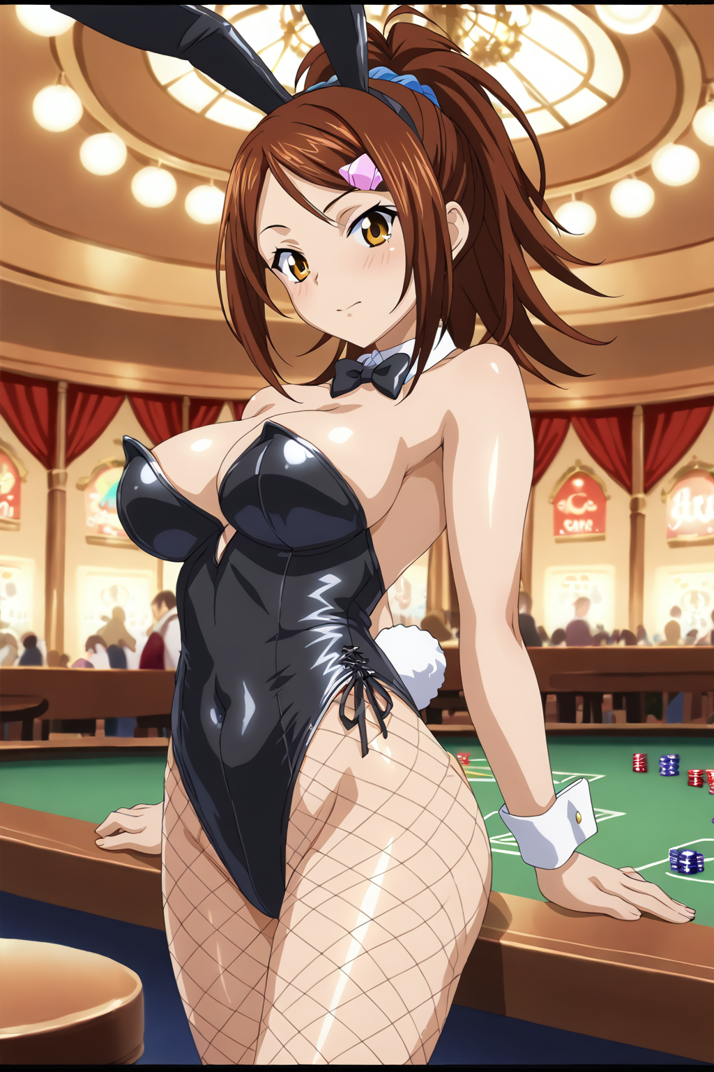score_9, score_8_up, score_7_up, BREAK source_anime, masterpiece, anime screencap, shiny skin,
1girl, bachou mouki, long hair, ponytail, brown hair, hairclip, blue scrunchie, brown eyes, large breasts,  <lora:bachou_pony-000015:0.8>
black bunny suit, casino,