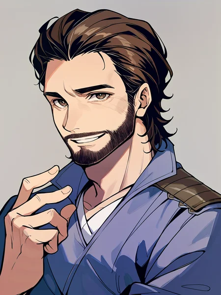 score_9, score_8_up, score_7_up, score_6_up, score_5_up, score_4_up, source_anime, BREAK
1boy, bg3gale, solo, smile, upper body, facial hair, beard, brown hair, brown eyes, [blue|purple] robe, looking at viewer
 <lora:corneo_gale:0.9>