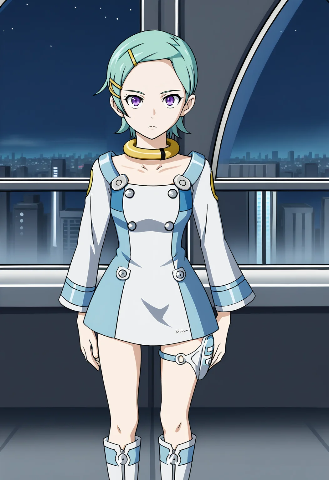 1girl, solo, EUREKE7, purple eyes, hairclip, hair ornament, collar, blue_white_D3fDrss, thigh strap, thigh pouch, boots, white footwear, <lora:Eureka - Eureka Seven V5-000020:1>, standing, cowboy shot, looking at viewer, bedroom, window, cityscape, expressionless, night