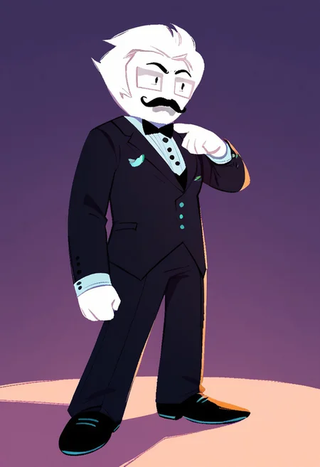 Score_9, score_8_up, score_7_up, Homestuck^2_style, solo, full body, white skin, suit, top hat, mustache, white hair