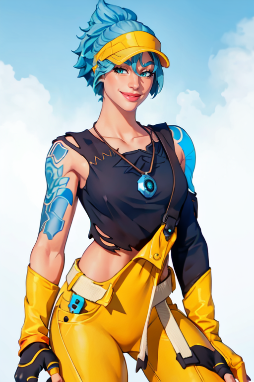 masterpiece,best quality,face detail,extreme detail,8k,white background,<lora:Comet:0.8>,cometfn,1girl,solo,looking at viewer,smile,short hair,bangs,shirt,gloves,jewelry,closed mouth,blue hair,cowboy shot,fingerless gloves,necklace,lips,torn clothes,tattoo,single glove,nose,visor cap,single sleeve,single fingerless glove,yellow pants,