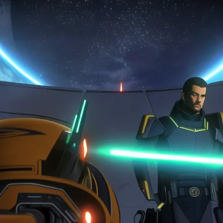cloneWarsEmbed 80sAnime a mystic sitting in a glowing and floating circle surrounded by stars and space
