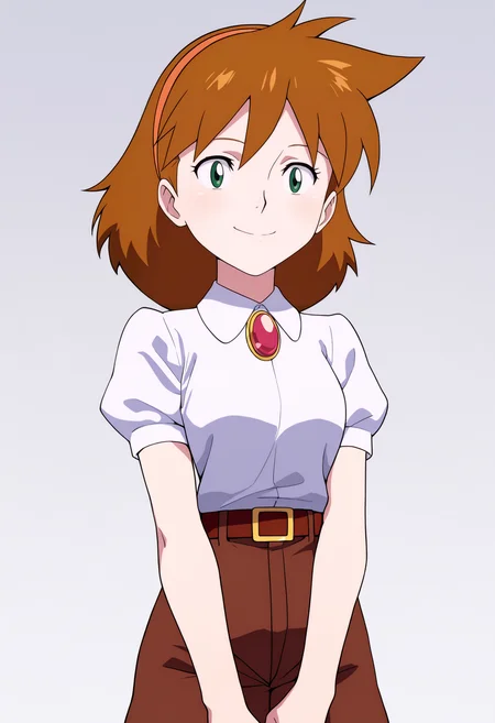 masterpiece, best quality, very aesthetic, absurdres,
1girl, janebuxton, brown hair, short hair, green eyes, hairband,
brooch, white shirt, brown shorts, belt,
upper body,
looking at viewer, solo, smile, simple background, white background, <lora:JaneBuxtonNoobXL_byKonan:1>