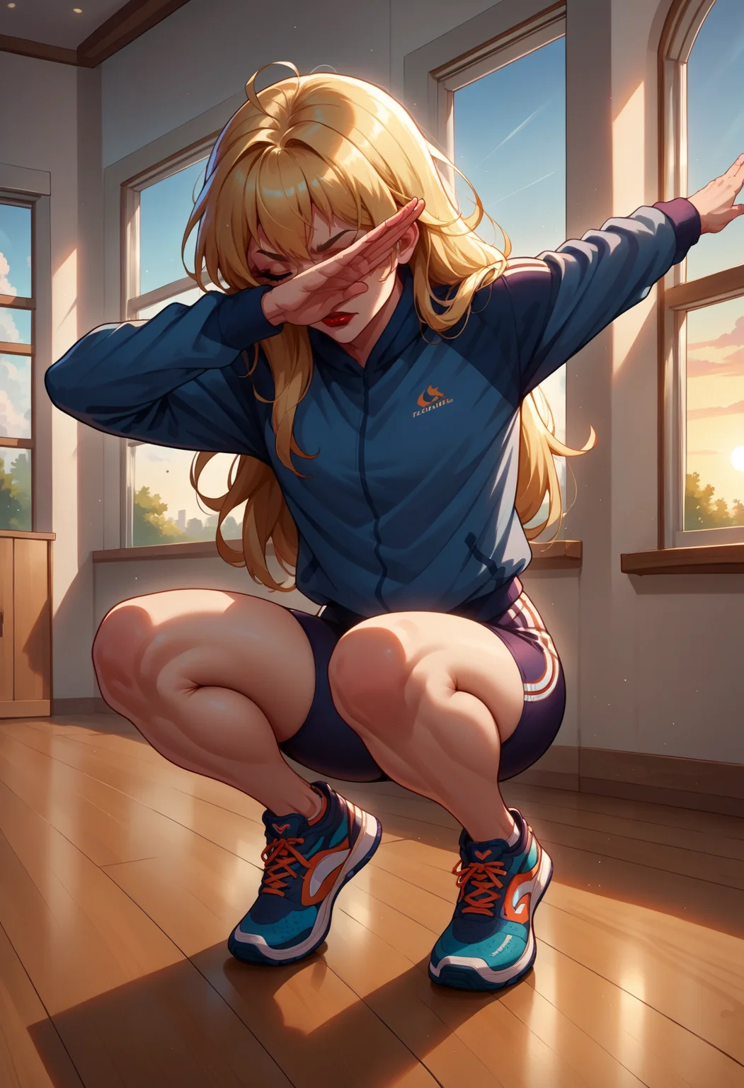 score_9, score_8_up,score_7_up, source_anime,
1girl, solo, long hair, blonde hair, red lips, makeup,
<lora:EPdab:1>, epdabbing,
outstretched arm, covered face, closed eyes, squatting, on floor,
indoors, sunset, window
sportswear,