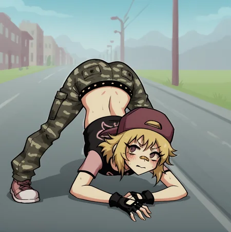 full body, best quality, best anatomy, BREAK
score_9, BREAK
outdoors, street, BREAK
1girl, solo, jay_lg, hat, blonde hair, dyed left bang, bandaid on nose, fingerless gloves, crop top, midriff, camo pants, belt, embarrassed, blush, jack-o' challenge, BREAK
<lora:Jay_Lacey_Games:1>