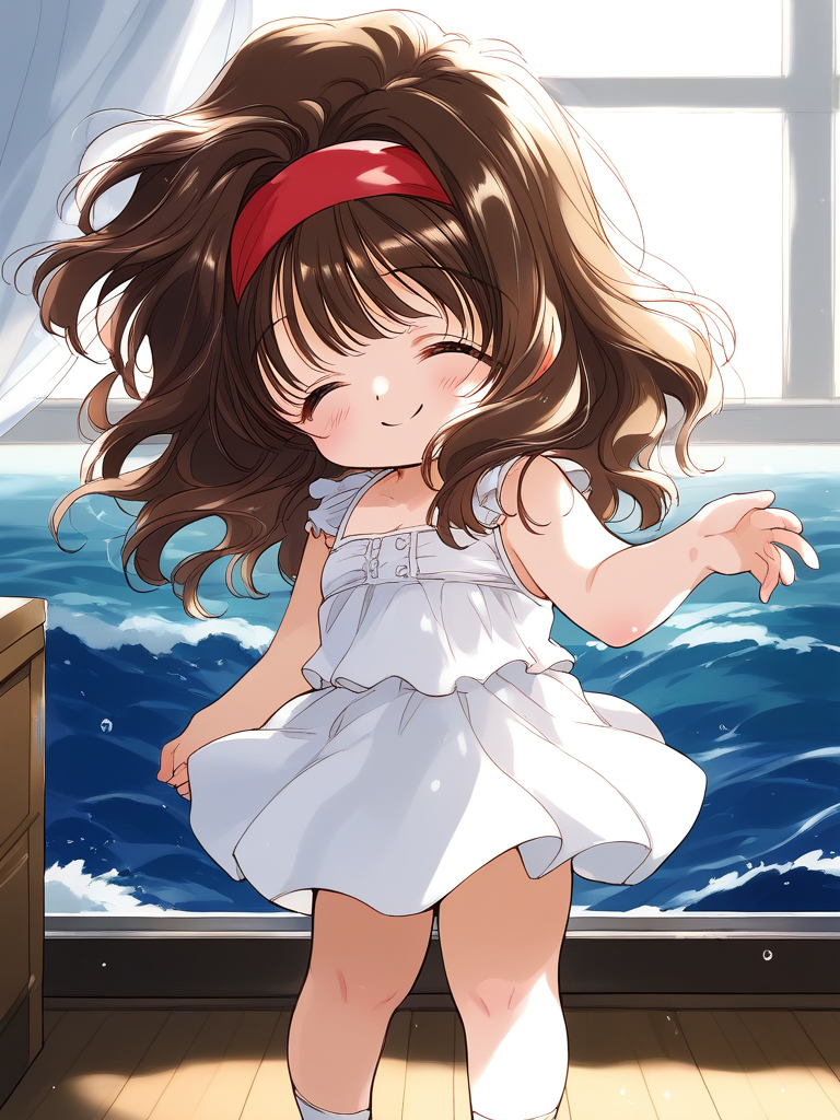 score_9, score_8_up, score_7_up, source_anime, rating_explicit, BREAK  <lora:Kana_graduate_XL:1> Kana_graduate, closed eyes, brown hair, long hair, red hairband, bangs, short stack, wave hair,
white dress. white skirt. frill, 
room, flooring, curtain,
smile,
looking at viewer, 
cowboyShot,