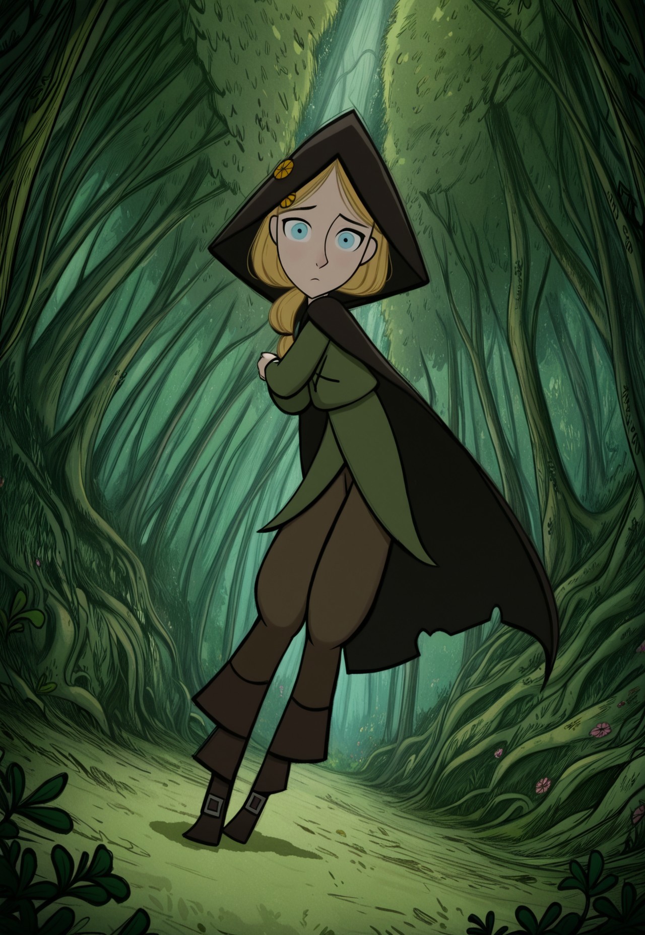 handsfree, masterpiece, best quality, amazing quality, very aesthetic, 1girl, solo, outdoors, forest, full body, looking at viewer, dynamic pose, dynamic angle,
robyn_hunter_hood, blue eyes, blonde hair, hair ornament, hood, brown pants, flower, hood up, long hair, hair over shoulder
