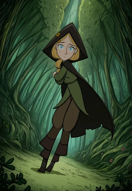 handsfree, masterpiece, best quality, amazing quality, very aesthetic, 1girl, solo, outdoors, forest, full body, looking at viewer, dynamic pose, dynamic angle,
robyn_hunter_hood, blue eyes, blonde hair, hair ornament, hood, brown pants, flower, hood up, long hair, hair over shoulder