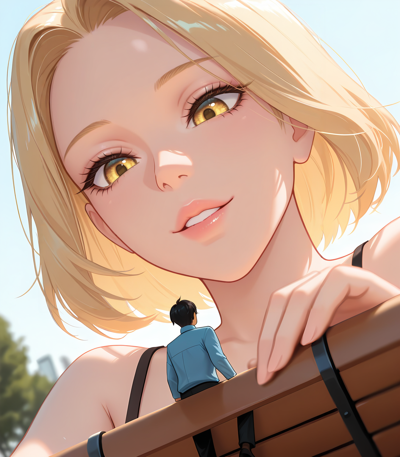 masterpiece, best quality,   <lora:MiniPeopleXQuiron_illus:0.47> MiniPeopleXQuiron, focus miniboy, minigirl,  1girl,  1boy, hetero, parted lips, blurry,  lips,  size difference, giant, giantess,  Seated on a park bench, she gazes into the distance, her gentle smile captivating passersby, from below,