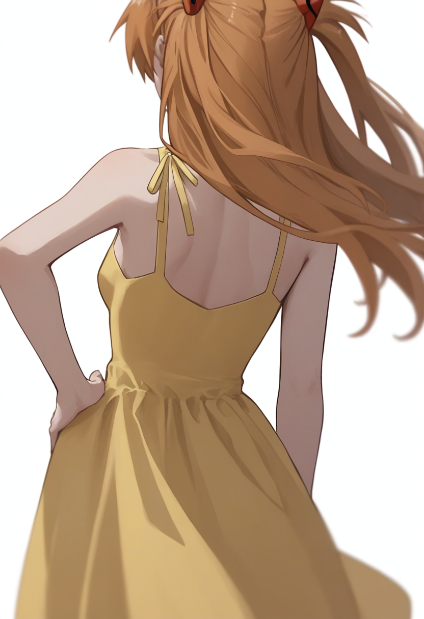 score_9,score_8_up,score_7_up,<lora:eva_pony:1>,1girl, souryuu_asuka_langley, solo, upper_body, from_behind, standing, breasts, depth_of_field, highres, hands_on_own_hips, sundress, bare_shoulders, hand_on_own_hip, interface_headset, simple_background, white_background, blurry_background, yellow_dress, facing_away, textless_version