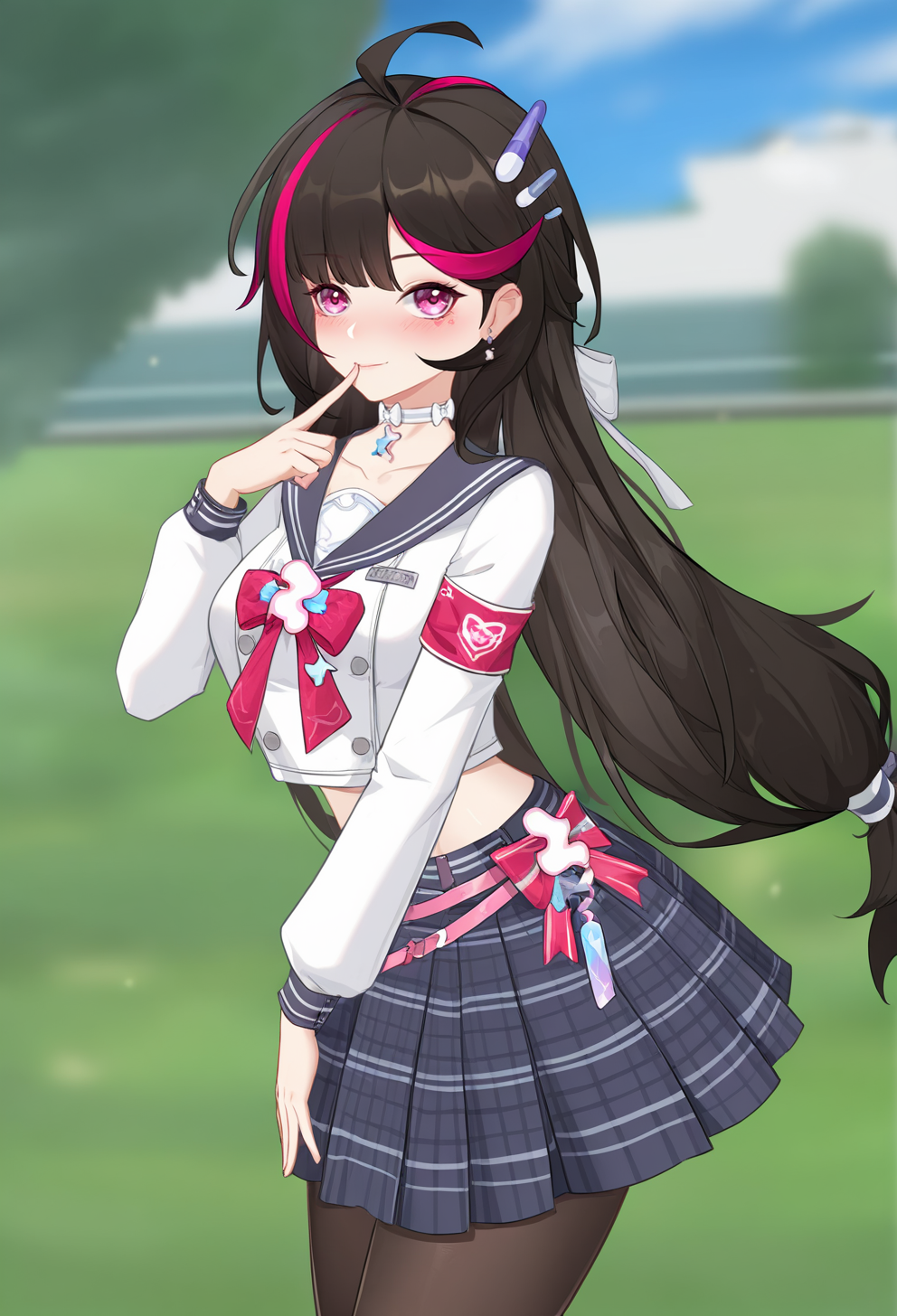 master piece, very awa, best quality, amazing quality, very aesthetic, absurdres, anke3, 1girl, solo, submit, blush, [[smile]],one hand up, hand to mouth, finger on lip, looking at viewer, shirt, white shirt, school uniform, sailor collar, long sleeves, serafuku, closed mouth, choker, bow, crop top, skirt, midriff, plaid skirt, pleated skirt, pantyhose, breasts, armband, outdoors, <lora:anke3-noob:0.75>