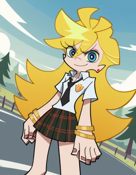 score_9, score_8_up, score_7_up, source_anime, <lora:panty-anarchy-anime-ponyxl-lora-nochekaiser:1>, panty anarchy, blonde hair, blue eyes, ahoge, long hair,, skirt, shirt, jewelry, school uniform, white shirt, pleated skirt, earrings, necktie, collared shirt, bracelet, plaid, plaid skirt, black necktie,, bike ride, countryside, dirt road, trees, afternoon sun, peaceful, alone, smile, , elbow bent, hand on thigh, foot pointed, solo,, cowboy shot, dutch angle