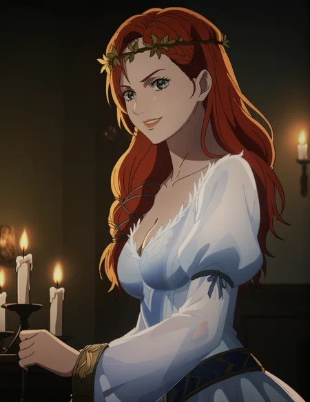 1girl, solo, HeraHammerhand, 2d, masterpiece, red hair, long hair, braid, green eyes, blurred background, depth of field, bokeh, white dress pulled down, long dress, long green nordic belt, head wreath, breasts, cleavage, puffy sleeves, long sleeves, realistic background, epic composition, posing, indoors, candlelight, dark scenery, mood lighting, angle, close-up, smirk, from side, <lora:HeraHammerhand:0.9> <lora:add-detail-xl:2>