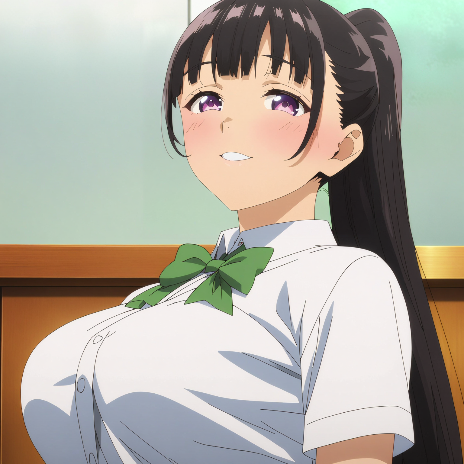 <lora:YuiTachibanaXL001>,<lora:bold-16oa:-0.5>,
masterpiece,best quality,ultra-detailed,8K,best illustration,very aesthetic,absurdres,anime screencap,official art,
looking at viewer,smile,parted lips,
solo,
YuiTachibana,1girl,black hair,ponytail,purple eyes,large breasts,
white shirt,green bowtie,