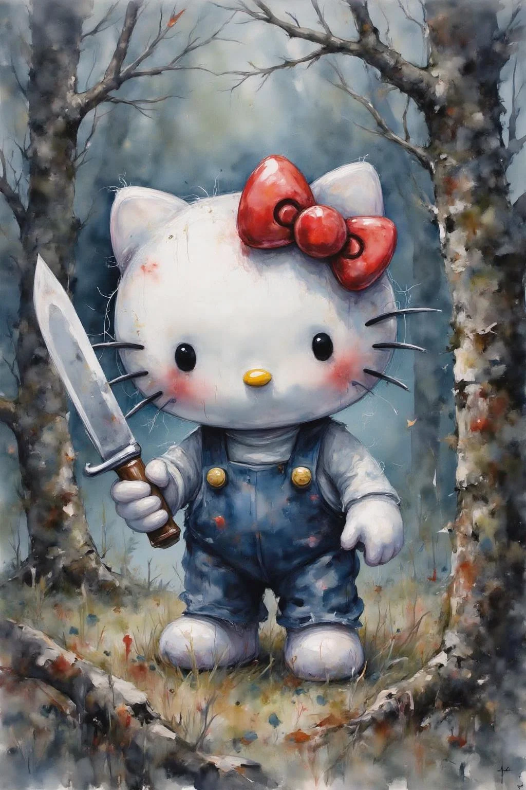 yawc1 watercolor.
Hello Kitty in the middle of the forest holding a knife, the atmosphere and the character looks scary, Hello Kitty is hidden by the shadows. <lora:yawcolor_flor2_d4a2:1.0><lora:798983347494725130:0>