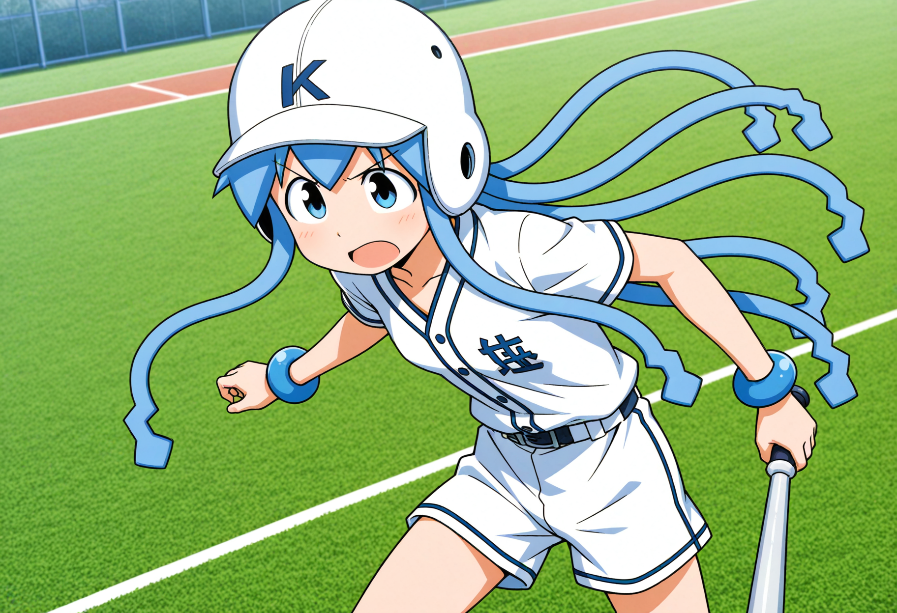 1girl, solo, <lora:ikmsm_illustrious_v7:1> ikmsm, ikamusume, (baseball uniform:1.3), short pants, (white baseball helmet:1.5), 
batting, baseball bat, baseball field, v-shaped eyebrows, cowboy shot, 
general, masterpiece, best quality, very aesthetic, absurdres, anime coloring,, <lora:dmd2_sdxl_4step:1>