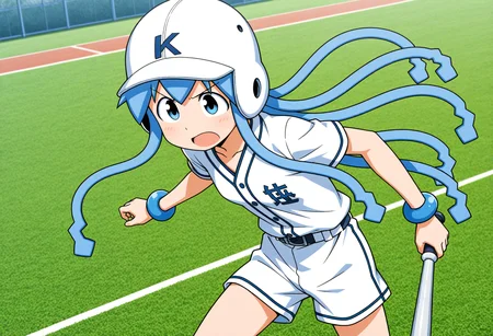 1girl, solo, <lora:ikmsm_illustrious_v7:1> ikmsm, ikamusume, (baseball uniform:1.3), short pants, (white baseball helmet:1.5), 
batting, baseball bat, baseball field, v-shaped eyebrows, cowboy shot, 
general, masterpiece, best quality, very aesthetic, absurdres, anime coloring,, <lora:dmd2_sdxl_4step:1>