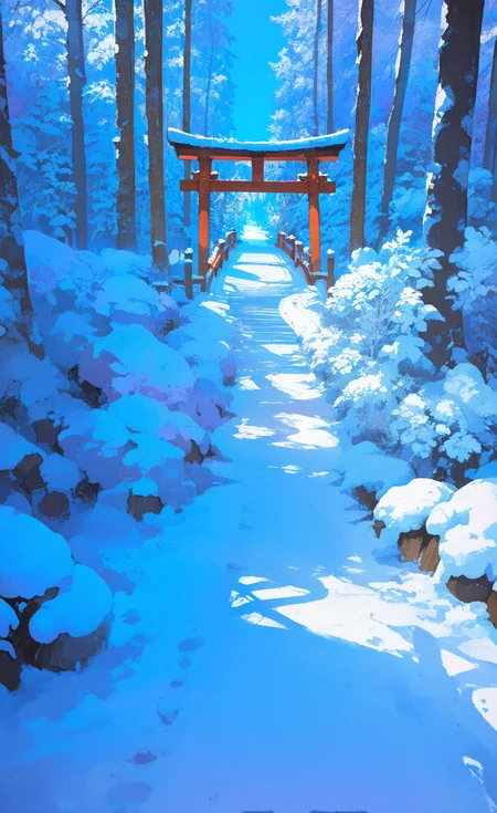 masterpiece, best quality, very awa, good quality, very aesthetic, absurdres, newest, bridge, outdoors, sky, day, blue sky, Tall trees, neat trees, no humans, shadow, sunlight, scenery, nature, snow, forest, blue theme, stairs, fence, railing, road, shade, Tall and majestic torii, winter, dappled sunlight, bridge, path,Purple theme, The snow piled up and the leaves were covered,
straight on, <lora:ponyv6_noobE11_2_adamW-000017:0.7> <lora:mengxuanliart:0.8>