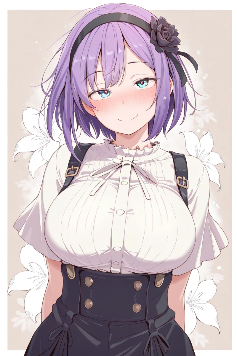 masterpiece, best quality, amazing quality,
<lora:Eito_IL:1> eito, 1girl, solo, purple hair, skirt, blue eyes, breasts, hairband, smile, flower, large breasts, hair ornament, high-waist skirt, hair flower, blush, looking at viewer, suspender skirt, short hair, blury background
