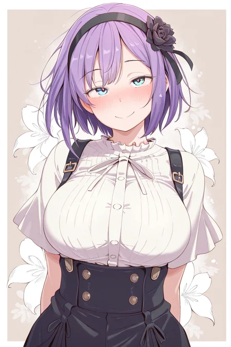 masterpiece, best quality, amazing quality,
 <lora:Eito_IL:1> eito, 1girl, solo, purple hair, skirt, blue eyes, breasts, hairband, smile, flower, large breasts, hair ornament, high-waist skirt, hair flower, blush, looking at viewer, suspender skirt, short hair, blury background