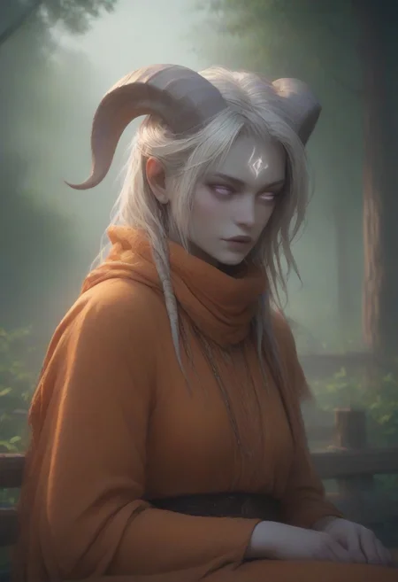 (absurdres, best quality, masterpiece:1.4), score_9, score_8_up, score_7_up, score_6_up, detailed, detailed body, detailed face, world of warcraft, fantasy, <lora:add-detail-xl:1.5>, 
culDraenei, purple eyes, no sclera, no pupils, 
(orange robe, orange silk scarf), sitting on fence, 
upper body,
outdoors, forest