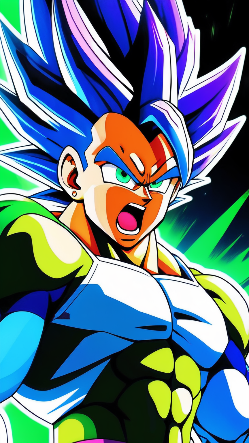 (yamer_scream, vegeta, broly), upper body, son goku ultra instinct, vaporwave neon theme, photograph of yamer_scream, super saiyan, simple background, upper body photo of saiyan, 1boy, detailed , screaming face, looking at viewer, colorful, high contrast, green eyes, vibrant colors, dbz style, <lora:Saiyan_Scream:1.1>
