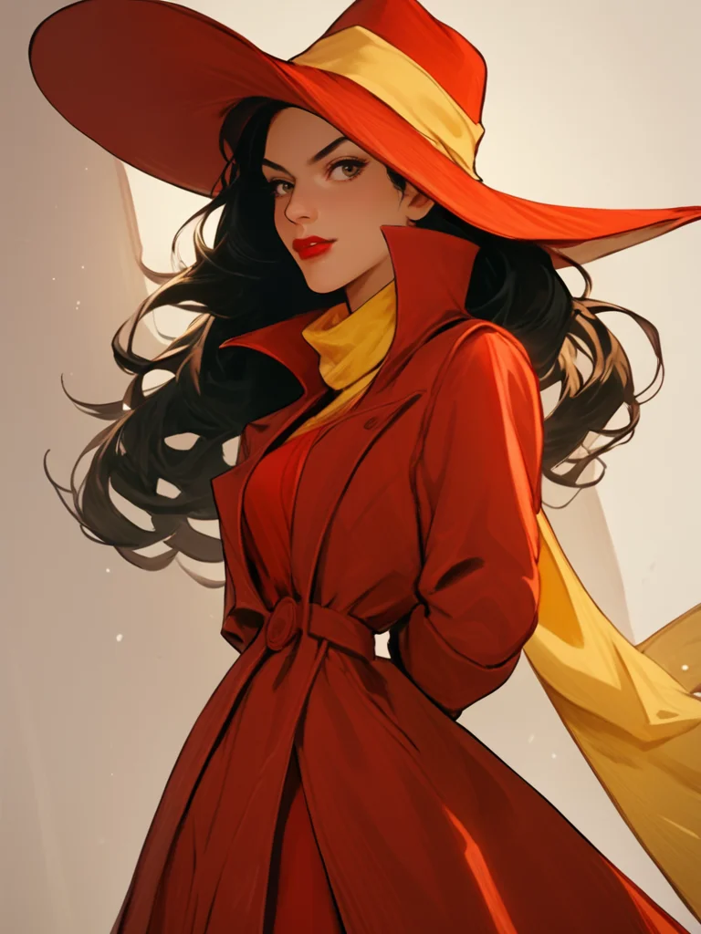 score_7_up, score_8_up, score_9, masterpiece, hands behind back, perfect face, high quality, source_anime, (1girl, solo,) <lora:Carmen_Sandiego_-_Classic:1> carmensandiego, hat, long hair, lipstick, gloves, black hair, red coat, trench coat, red headwear, yellow scarf, yellow hatband,
