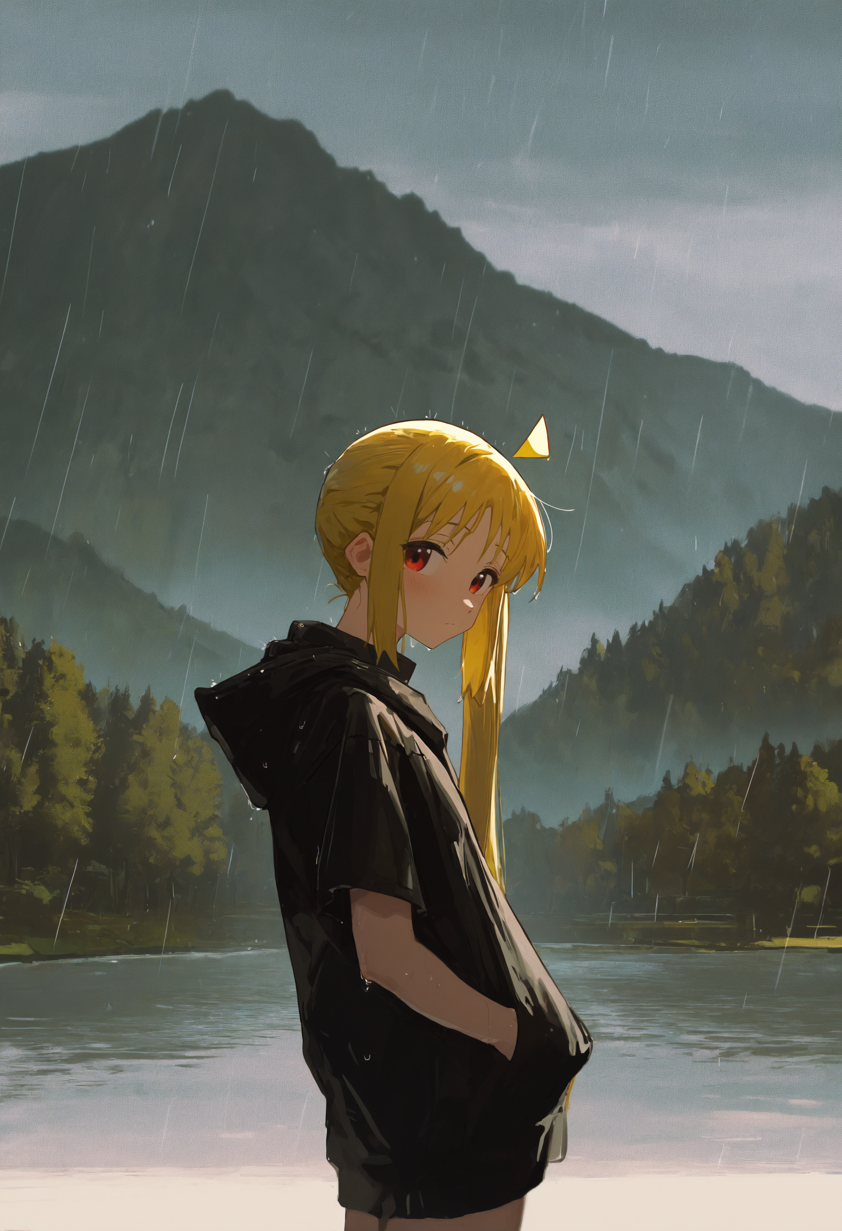 masterpiece, best quality, newest, absurdres, highres, very awa, anime screencap, film grain, limited palette, sketch, no lineart, ambient occlusion, depth of field, simple background, ZGlub, traditional media, painting \(medium\), ijichi nijika, blonde hair, long hair, outdoors, ahoge, rain, 1girl, looking at viewer, side ponytail, red eyes, solo, detached ahoge, nature, forest, hands in pockets, mountain, jacket, wet, sidelocks, lake, black jacket, shirt, hood, tree, very long hair, short sleeves, wet hair, from side, closed mouth, cowboy shot