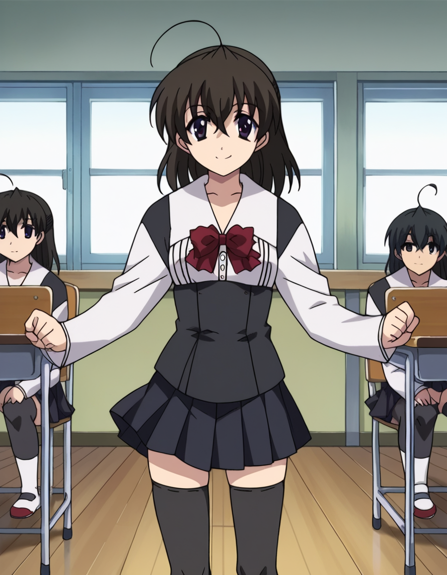 score_9, score_8_up, score_7_up, source_anime,
sekaisaionji, <lora:sekai-saionji-ponyxl-lora-nochekaiser:1>,
sekai saionji, black hair, brown eyes, ahoge, smile,
skirt, thighhighs, school uniform, shoes, black thighhighs, zettai ryouiki,
indoors, classroom,
looking at viewer, cowboy shot, dynamic pose,