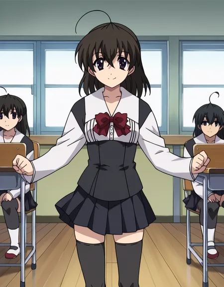 score_9, score_8_up, score_7_up, source_anime,
sekaisaionji, <lora:sekai-saionji-ponyxl-lora-nochekaiser:1>,
sekai saionji, black hair, brown eyes, ahoge, smile,
skirt, thighhighs, school uniform, shoes, black thighhighs, zettai ryouiki,
indoors, classroom,
looking at viewer, cowboy shot, dynamic pose,