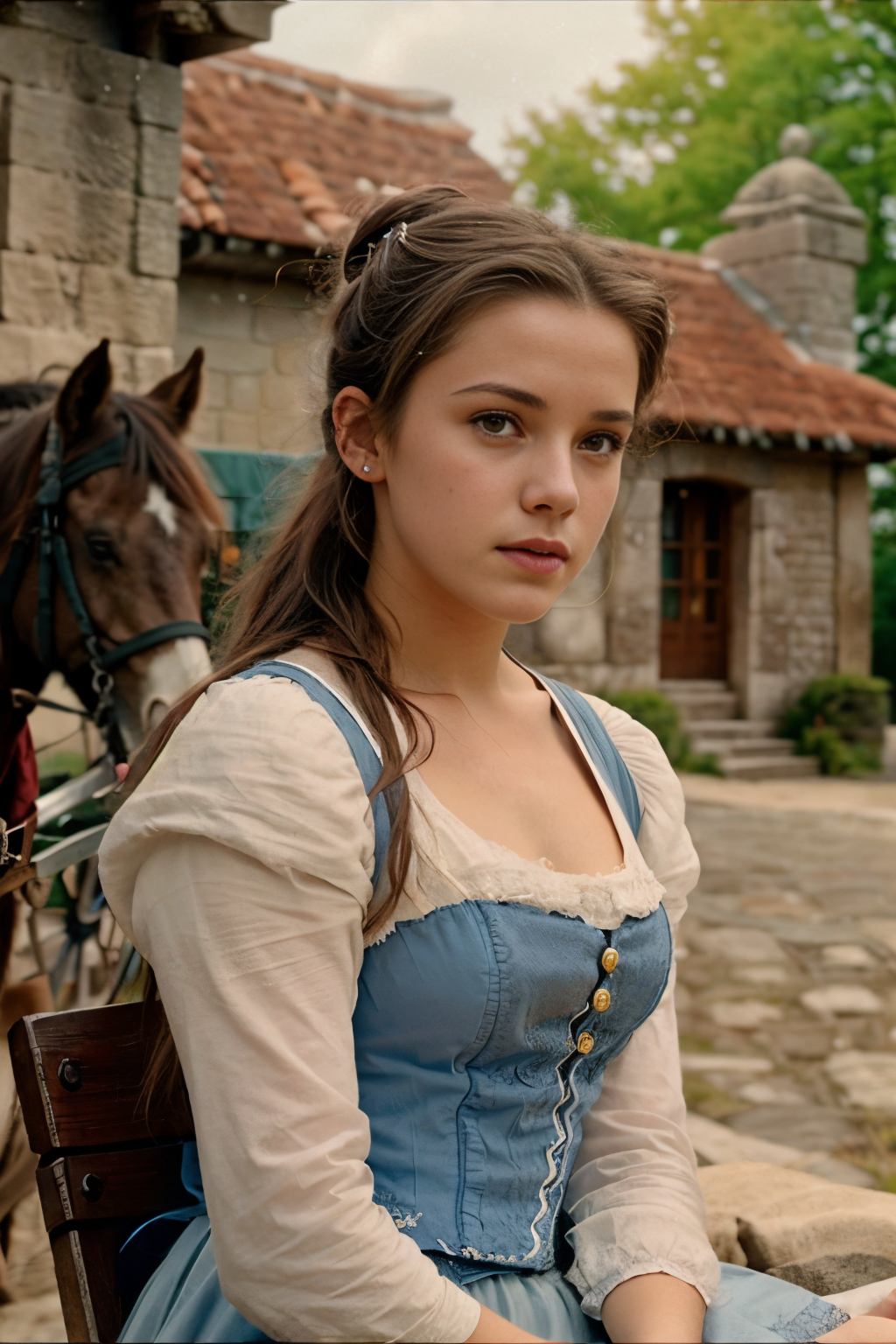cinematic film still close-up photo of photograph of a 18 year old girl,  teen, 1girl, (belle-bb:1.1) ,in a small village sitting on a Clydesdale horse, blue pesant outfit,single hair bun <lora:belle-bb-v1.0:1>. Detailed, intimate, clear, personal . shallow depth of field, vignette, highly detailed, high budget Hollywood movie, bokeh, cinemascope, moody, epic, gorgeous, film grain, grainy