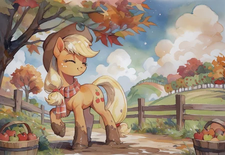 safe_pos, score_9, score_8_up, score_7_up, score_6_up, applejack, earth pony, pony, g4, apple, applejack's hat, autumn, basket, clothes, cloud, cowboy hat, cute, dark clouds, dirty hooves, eyes closed, female, fence, food, freckles, hat, mare, mud, nature, outdoors, rainbow, raised hoof, scarf, scenery, scenery porn, solo, sweet apple acres, tree, watercolor \(medium\), traditional media