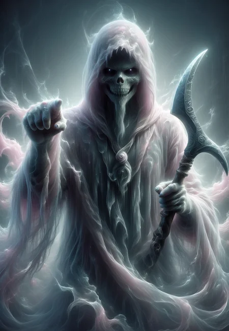 stunning image of a scary ghost pointing at camera, wielding scythe, moody, grainy, noisy, (Pointing Finger At Viewer), concept art, ais-ghostly, ((pink cotton candy)), cottoncandy,