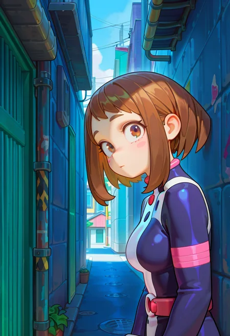 masterpiece, best quality, amazing quality, very aesthetic, absurdres,  newest, scenery, volumetric lighting, 
boku no hero academia, 1girl, ochako uraraka, solo, hero uniform, outdoors, dark alley, close-up, by bartolomeobari, 
masterpiece, best quality, amazing quality, very aesthetic, absurdres,  newest, scenery, volumetric lighting