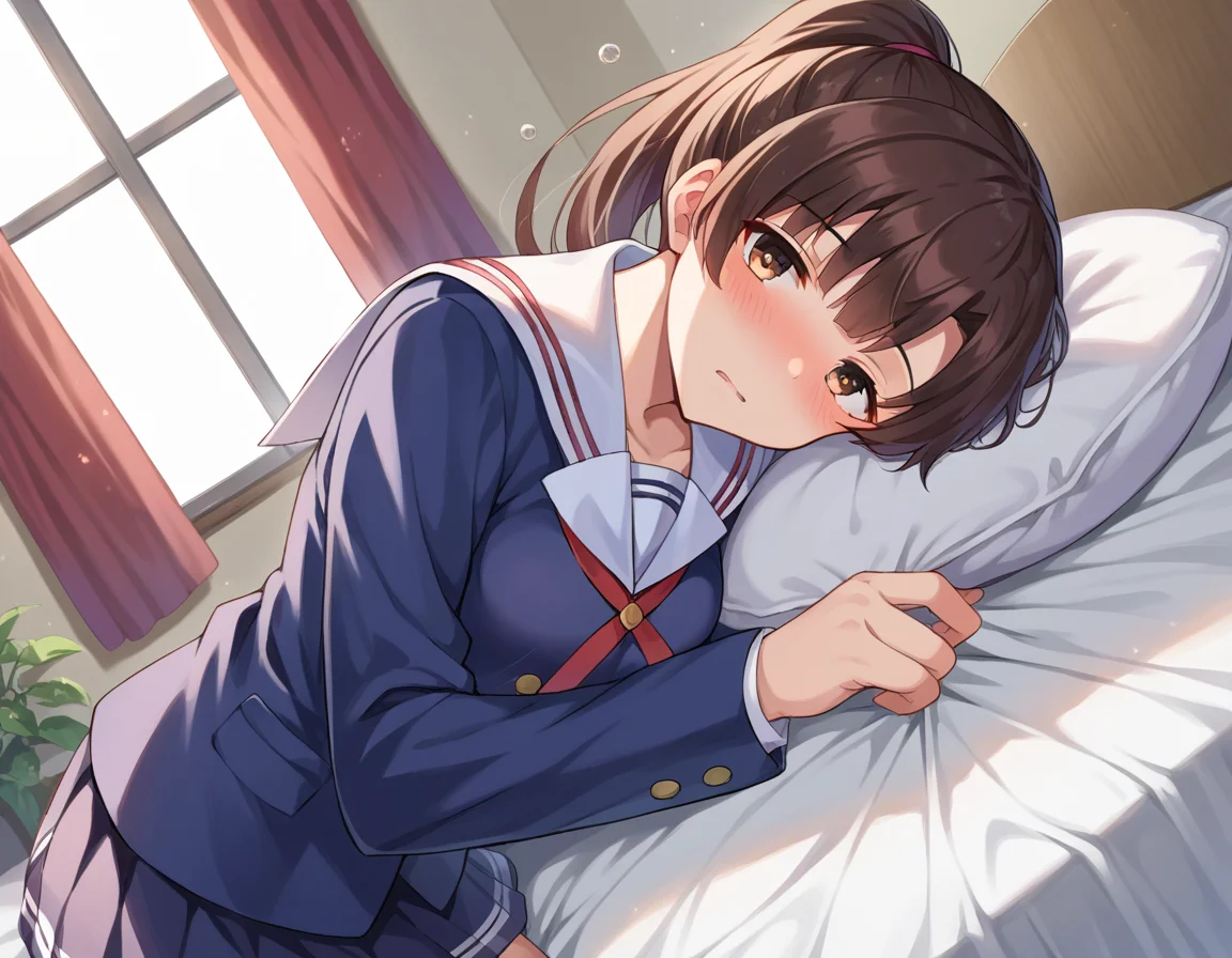 score_9, score_8_up, score_7_up, source_anime,
megumikatou, <lora:megumi-katou-ponyxl-lora-nochekaiser:1>
megumi katou, brown hair, brown eyes,
long hair, ponytail, miniskirt, school uniform, skirt, sailor uniform, serafuku,
indoors, bed, bed room, on side, blush, drunk,
looking at viewer, dutch angle, cowboy shot,
