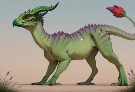 Rating: safe, masterpiece, best quality, amazing quality, highres, absurdres, Gaula, 1animal, feral, sharp beak, red tail tip, flower bud tail, green and purple horns, forward-pointing horns, green skin, variegated purple stripes, raschen, short neck, chubby body, small, rodent physique,
close up, variety, side view,