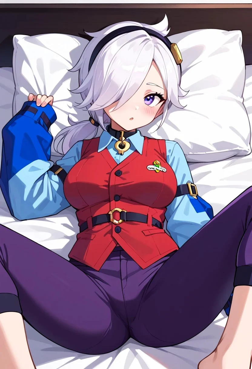 score_9, score_8_up, score_7_up,source_anime,
,bscolette , 1 girl , white hair, , ponytail, collar , red vest , blue shirt , long sleeves, purple pants, hair over one eye, hairband, sleeves past fingers,
,look at viewer, big ass, big breast, spread legs, bed, blush, close up, spread legs, feets focus, toes, close up feets,