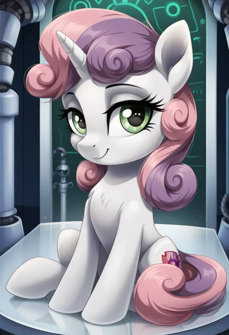 score_9, score_8_up, score_7_up, score_6_up, score_5_up, score_4_up, my little pony, solo, pony, feral pony, sweetie bell, robot, robo, robo pony, techno, laboratory, sit, on knees, look at you, full body, beautiful, detailed, detailed fur, beautiful, vector, flat colors, (beautiful long eyelashes), ((close-up)), high angle