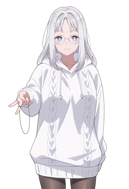Smooth Quality,masterpiece,beautiful aesthetic, very intricate, high quality details, ultra realistic, high detailed skin,
simple background, white background,
front view,v,+ +,
pantyhose, ,oversized sweater, ,String around finger , <lora:Hinacnn:0.8> hina/cnn, 1girl, long hair, blue eyes, grey hair, glasses,