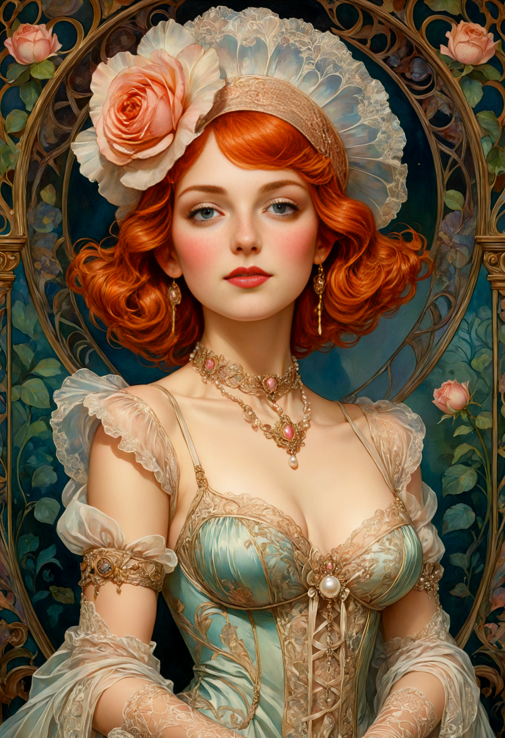 A full-body oil painting A French Maiden in the Belle Époque Embracing the elegance of the ((Art Nouveau)) era, she embodies the grace of an French rose with (auburn curls adorned with highly revealing transparent laces), eyes sparkling with pride, royal fair skin with a hint of freckles, clad in a Tudor-inspired Maiden attire adapted for visual delight, featuring rich fabrics and ornate embroidery, accessorized with a pearl necklace and a feathered cap perched atop her head, and (stockings with garter straps), ((Intricate Art Nouveau Style)), refined delicacy, subtle allure, intricate precision, whimsical and fantastical, with a focus on dreamlike imagery and symbolism that evokes a sense of wonder and enchantment, bold and vibrant colors that add a sense of drama and energy, intricate patterns and details that showcase a mastery of fantasy and imagination, a sense of playfulness and humor that adds a layer of delight, ((William Franklin Jackson)), William Bradley, Kay Nielsen. <lora:add-detail-xl:1> <lora:aidmaMidjourneyV6.1-v0.1:0.5> <lora:SDXLFaeTastic2400:0.5>