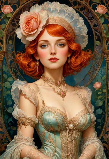 A full-body oil painting A French Maiden in the Belle Époque Embracing the elegance of the ((Art Nouveau)) era, she embodies the grace of an French rose with (auburn curls adorned with highly revealing transparent laces), eyes sparkling with pride, royal fair skin with a hint of freckles, clad in a Tudor-inspired Maiden attire adapted for visual delight, featuring rich fabrics and ornate embroidery, accessorized with a pearl necklace and a feathered cap perched atop her head, and (stockings with garter straps), ((Intricate Art Nouveau Style)), refined delicacy, subtle allure, intricate precision, whimsical and fantastical, with a focus on dreamlike imagery and symbolism that evokes a sense of wonder and enchantment, bold and vibrant colors that add a sense of drama and energy, intricate patterns and details that showcase a mastery of fantasy and imagination, a sense of playfulness and humor that adds a layer of delight, ((William Franklin Jackson)), William Bradley, Kay Nielsen. <lora:add-detail-xl:1> <lora:aidmaMidjourneyV6.1-v0.1:0.5> <lora:SDXLFaeTastic2400:0.5>